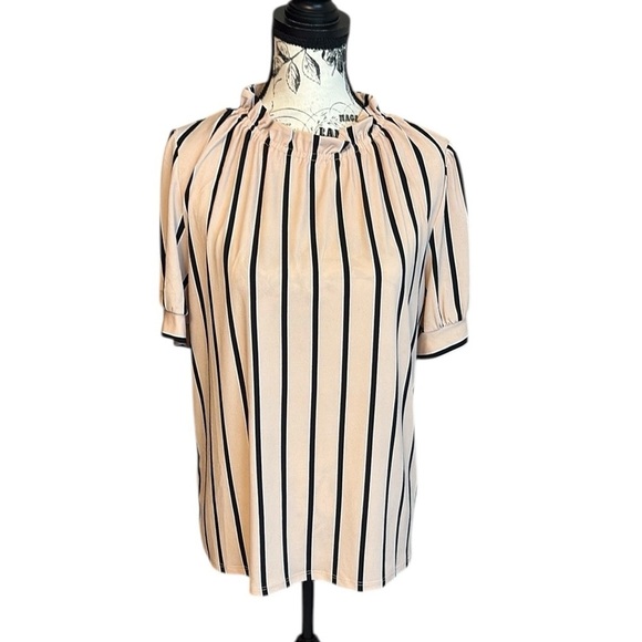 Adrianna Papell Tops - Adrianna Papell Striped Blouse Ruffle Black and Pink Size L New